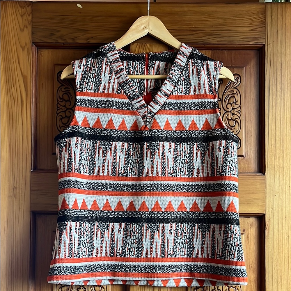 Vintage Woven Tribal Print Sleeveless Top - Orange and Brown